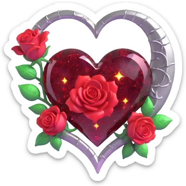 gothic heart made of ruby glass, silver crescent moon, glowing gold roses, holographic stardust, neon red lightning, wet and cracked glass sticker