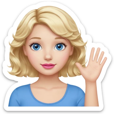 Girl Blonde short wavy hair,  blue eyes, cute blue top, long lashes, pink lips, waving hello  sticker