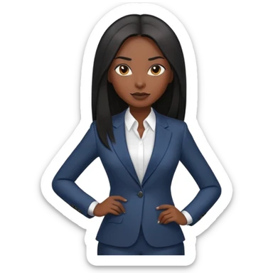 Confident African businesswoman with straight long black hair, sleek professional look, wearing power suit sticker