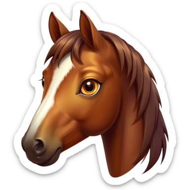 Cinematic Cute Bay Horse Portrait Emoji, Head tilted playfully and inquisitively, showcasing a glossy bay fur with a vibrant sheen and expressive amber eyes filled with curiosity, Simplified yet irresistibly adorable features, highly detailed, glowing with a warm, friendly glow, high shine, affectionate and spirited, stylized with a touch of whimsy, bright and endearing, soft glowing outline, capturing the essence of a mischievous yet loving horse, so playful it feels like it could prance out of the screen and into your arms! sticker