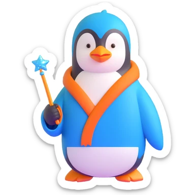 penguin wizard with a blue robe and sparkly wand sticker