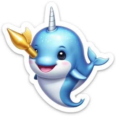 Cinematic Cute Narwhal Portrait Emoji, Head tilted playfully and inquisitively, with a glossy, shimmering body highlighted by its iconic tusk and sparkling eyes filled with wonder, Simplified yet irresistibly adorable features, highly detailed, glowing with a warm, friendly glow, high shine, affectionate and lively, stylized with a touch of whimsical charm, bright and endearing, soft glowing outline, capturing the essence of a mischievous marine marvel that feels like it could frolic out of the screen into your heart! sticker
