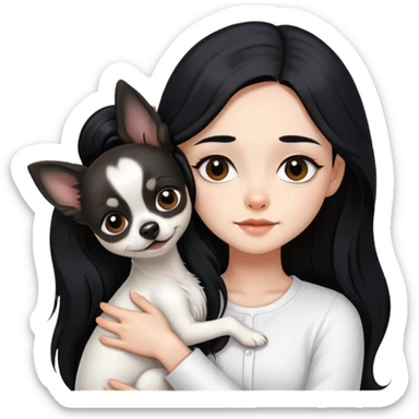 Fair skin girl - long black hair - white clothes - hugging a black long hair chihuahua sticker