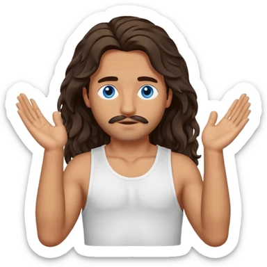 Men with olive skin, blue eyes, brown dark insanely wavy long hair, white camisole, left hand palm up crossing arms in front of face sticker