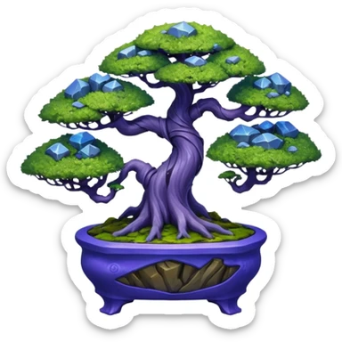 Futuristic wild glowing space alien moss maples shohin Bonsai hair-pine-leaf group multi faceted intricate crystalline inspired boxwood purple blue informal rocky cliffhanger eight trees forest planting in shallow willow slab style pot with big animal-like feet  sticker