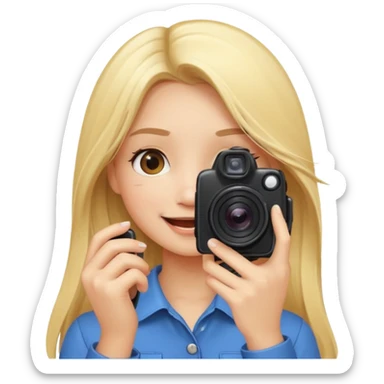 blonde girl photographer cartoon taking picture in middle of taking picture camera in front of face long hair smiling funny flash professional camer sticker