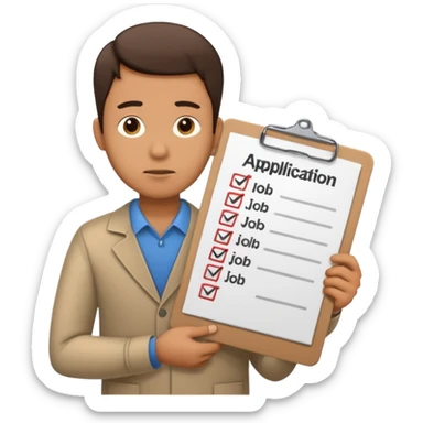 Man looking sad while holding a clipboard with a checklist that has a heading that says job application  sticker