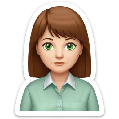 60 yr old woman, green eyes, long straight hair, business shirt, chubby, bangs sticker