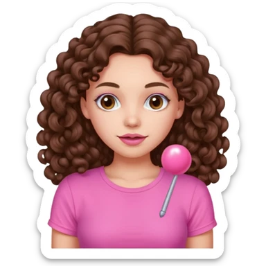 crée moi une jeune fille très belle avec les cheveux bouclés long brune avec un top rose bonbon  sticker