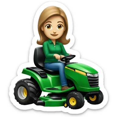 white woman with brown hair on a john deer lawnmower sticker