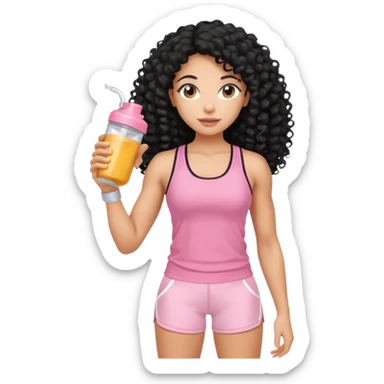 Mixed-race athletic woman with honey skin and long black curly hair wearing baby pink tank top and white shorts, holding a protein shaker sticker
