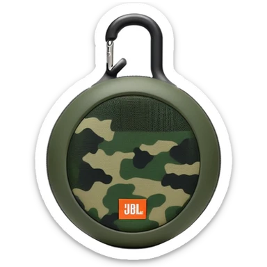Simple JBL Clip 4 portable speaker with correct round body and built-in carabiner hook, minimal green camo pattern, iOS emoji style sticker