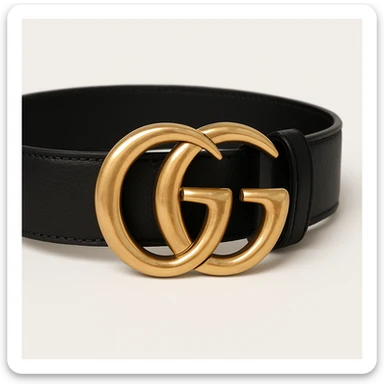 a Gucci belt, close-up of gold GG logo, black leather strap, high-end fashion, white background sticker