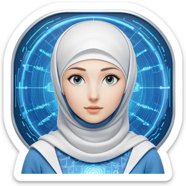 woman with white hijab wearing blue outfit, looking straight ahead, surrounded by futuristic screens showing advanced holographic interfaces, AI visualizations, quantum data patterns, circuit networks, high-tech metaverse elements sticker