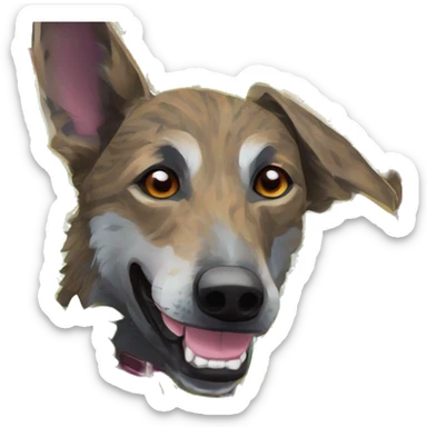  brindle brown black maroon striped lurcher Alsatian fox running blue eyes and iridescent holographic oilslick harness wearing paper iridescent tropical flower crown yellow caution tape sticker