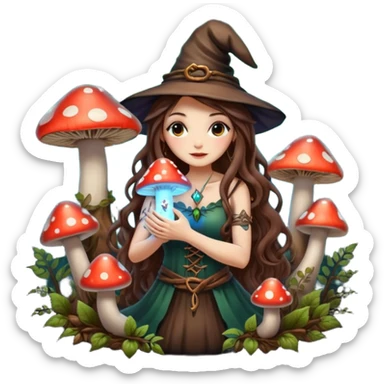cute forest witch woman long wavy brown hair tattoos hugging glowing mushroom sticker