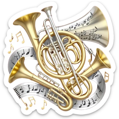 Create a festive and elegant emoji collage featuring a bouquet or fan of bells of wind instrument  (trumpets, saxophones, trombones, tubes, etc.) arranged in a radiant, symmetrical pattern. The instruments should have polished, golden and silver finishes, with their large, shiny bells forming a beautiful, fan-like display. Include a flowing ribbon of musical notes swirling through the center, conveying movement and melody. The background should feature a deep red velvet texture, adding a touch of luxury and sophistication. The overall composition should be balanced, with an elegant and regal feel, with a transparent background to keep focus on the instruments and musical elements. sticker
