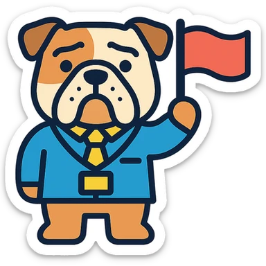english bulldog tour guide as a web button icon waving a flag, color outline style sticker