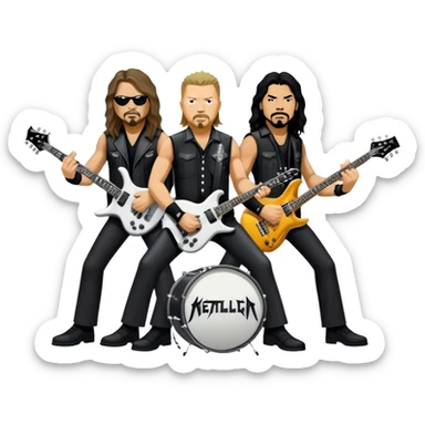Icon for Metal Music: Metallica band members detailed in their signature look. James Hetfield with guitar, Lars Ulrich on drums, Kirk Hammett with his electric guitar, and Robert Trujillo playing bass. Bold, energetic style with musical notes, all in a heavy metal aesthetic. Transparent background. sticker