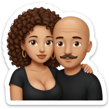 A mixed girl, the girl is wearing a black shirt, the girl has brown curly hair  and the girl has big boobs. A Mexican man is embracing her, with bald hair and a short mustache  sticker