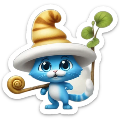 smurf cat with white hat and a snail on its back walking on the stick sticker