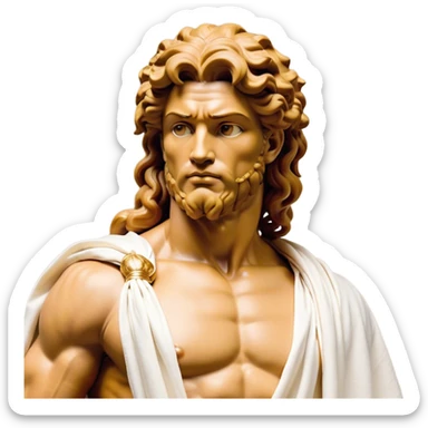 Cinematic Realistic Hercules Portrait, head tilted playfully and inquisitively, showcasing a blend of legendary power and youthful charm with the refined features of Michelangelo's David. His light tan, sculpted skin and thick, curly, golden brown hair—styled with wild majesty—evoke the spirit of the lion-wrestling Hercules. Clad in a softly draped white robe with subtle golden details and adorned with a Greek laurel wreath, his expressive eyes and warm smile capture an approachable yet formidable hero, bathed in gentle natural lighting. sticker