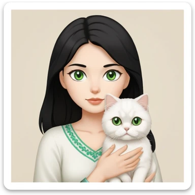a middle length, black haired woman holding a white persian cat with green eyes sticker