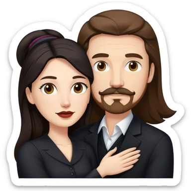tall white man with brown hair goatee mustache embracing a pale woman with long black hair, wearing elegant clothing sticker