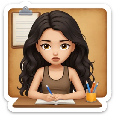 a pretty bratz light dusky girl with long wavy black hair in a brown tank top studying and lookinh tired sticker