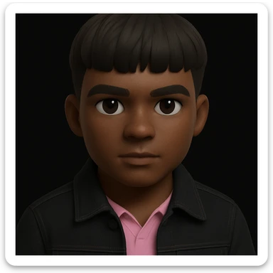 Make the face a bit darker, keep the confident expression and black denim jacket in 3d-emoji style sticker