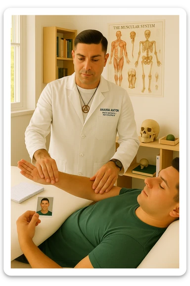 a middle-aged man, dressed in casual professional attire, is in a bright, organized therapy studio. Durante una visita di kinesiologia, il ragazzo tiene con una mano la foto di una persona lontana (il “testimone”) tiene la foto in mano, mentre con l’altra mano esegue un test muscolare su un cliente presente senza foto lui non tiene la foto. Sullo sfondo si vedono libri di kinesiologia, poster anatomici e strumenti tipici della disciplina. L’atmosfera è concentrata e serena, con luce naturale che entra dalla finestra, sottolineando l’aspetto alternativo e umano della pratica. sticker