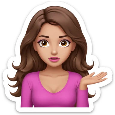 girl with long wavy brown hair, brown eyes, long lashes makeup, sexy pink lips, light to medium complexion, pink sexy top, shrugging with both hands, confused sticker