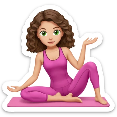 White, green-eyed, brunette cute feminine lady emoji with wavy hair doing pilates wearing pink pilates fit sticker