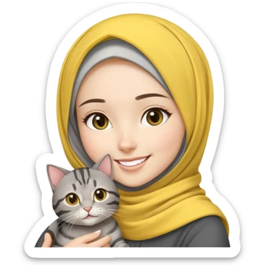 Asian White girl wearing pretty yellow hijab holding a black grey tabby cat while smiling sticker