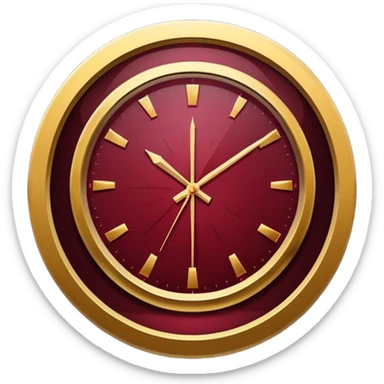 Minimalist icon of a powerful clock breaking through darkness, symbolizing important turning points. Black background, gold and wine red accents, strong shadows. Futuristic yet elegant. sticker