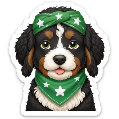 black Berenedoodle dog black face with white eyebrows with a green bandana around its neck sticker