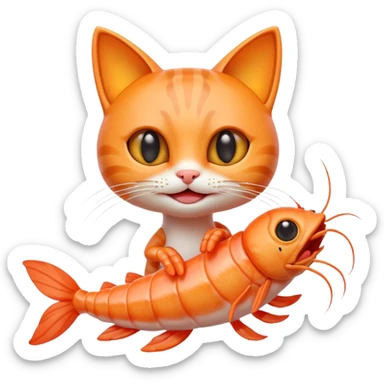 A cute 3D hybrid creature combining a cat and a shrimp, with a cat’s head and a shrimp’s body, bright orange tones, big expressive eyes, smiling face, cartoon style, soft lighting, smooth textures, emoji-like design, high-quality digital illustration. sticker