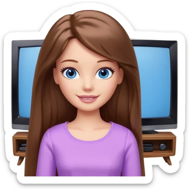 beautiful barbie girl with long brown hair, blue eyes and wearing light purple clothes watching netflix on tv sticker