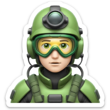 white-skinned male futuristic soldier in green high-tech gear, ultra-modern helmet with night vision goggles, mask, cool and brutal, emoji style sticker