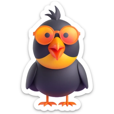 Make the bird emoji more emoji-like with a smooth, shiny 3D look, vibrant colors, and an expressive face. Keep the same pose, orange beak, and round sunglasses. Bird looking to the left. No background. Style should match modern emoji aesthetics. sticker