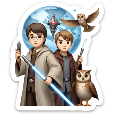 Icon for Fantasy and Sci-Fi Movies: Collage featuring Harry Potter with his wand, Dumbledore. Luke Skywalker with a lightsaber and futuristic robots. Background with a magical planet, Hogwarts, flying owls and spaceships. Epic and magical atmosphere. Transparent background. sticker