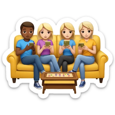 group of friends on couch playing a trivia game couch should be deep dark yellow color.  include a small wooden table in front of the couch as well sticker