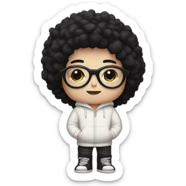 Pale boy, with fluffy black hair, black honeycomb shaped glasses, with a bone hairclip wearing a white hoodie with pink stripes sticker
