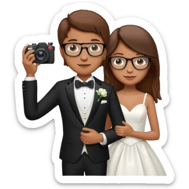 Un fotógrafo con pelo moreno, gafas, cámara en la mano derecha, fotografiando una boda sticker