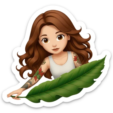 cute woman long wavy brown hair tattoos sliding down leaf sticker