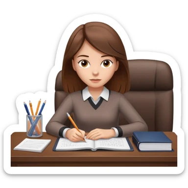 a girl with brown hair on a desk writing on a note book with a lot of papers around and on the papers is writing business strategy  sticker