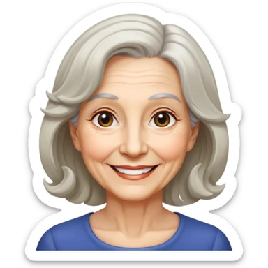 "- Nữ
- 70 tuổi
- Da trắng
- Tóc ngang vai, xoăn nhẹ
- Mặt cười, mắt đen sticker