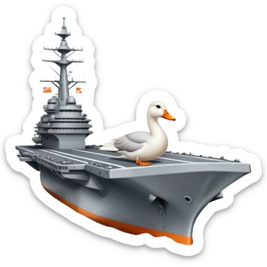A gray military aircraft carrier with a white goose head and orange beak at the front of the ship sticker