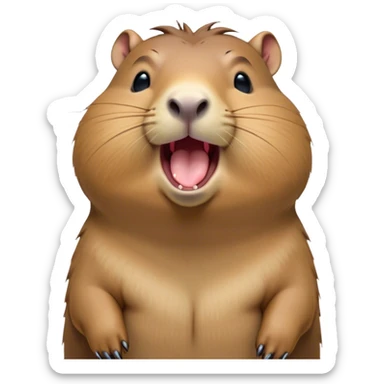 Cinematic Cute Yawning Capybara Portrait Emoji, Head tilted slightly with a dramatic, wide-open yawn, showcasing a plush, rotund body with a gently relaxed capybara face, including a short snout and subtly drooping ears, with drowsy, half-closed eyes rendered in exquisite detail; high shine, relaxed yet expressive, styled with a dash of playful natural charm, soft glowing outline, capturing the essence of a sleepy yet affectionate capybara that appears ready to stretch out for a peaceful nap! sticker