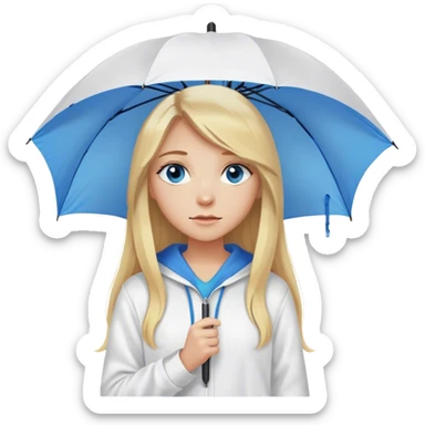 Cinematic realistic emojis in the form of a blonde girl with long hair, blue eyes, wearing a white hoodie, holding an umbrella over her sticker